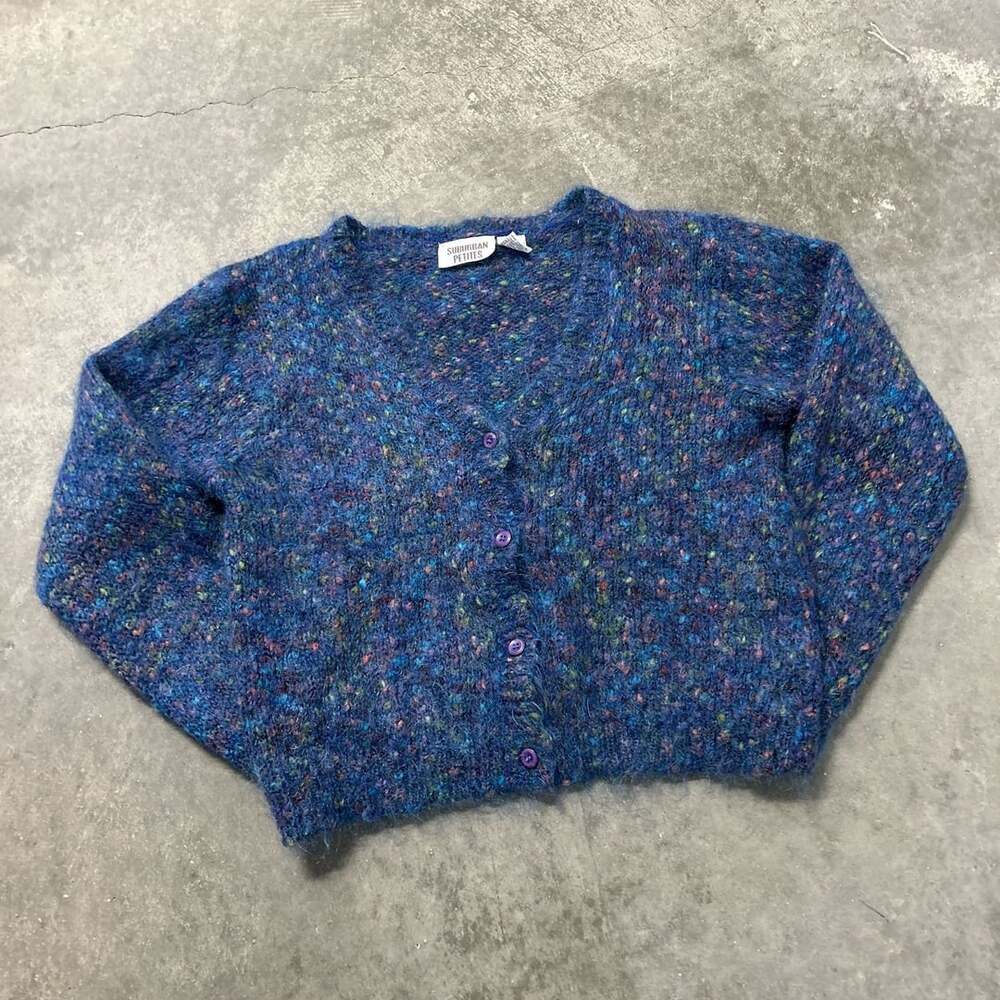 Suburban Petites Vintage Mohair Blend Multi Rainbow Speckled Cardigan Sweater